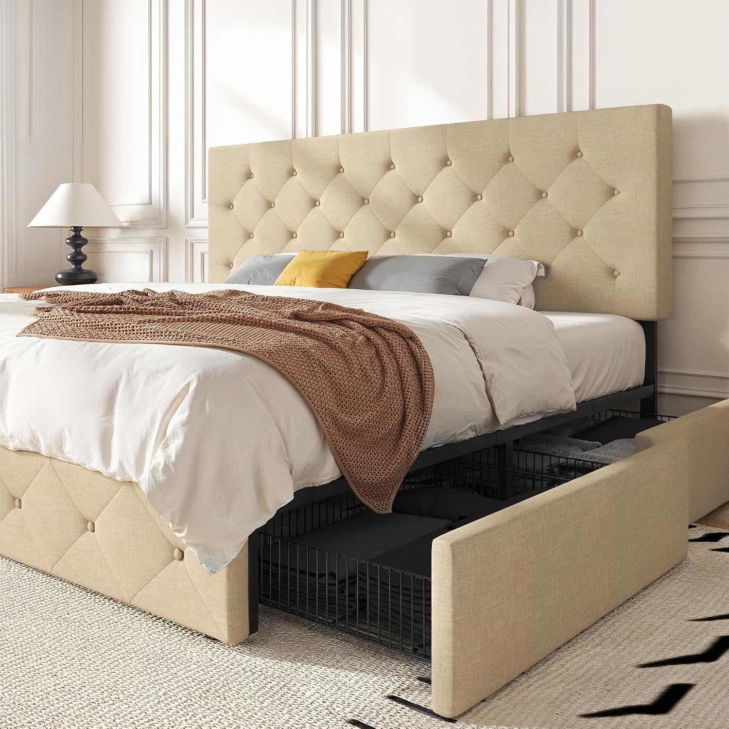 HOOMIC King Platform Storage Bed Frame with 4 Drawers & Adjustable Headboard, Wooden Slats, No Box Spring Needed,Diamond Stitched Button Tufted Design,Beige