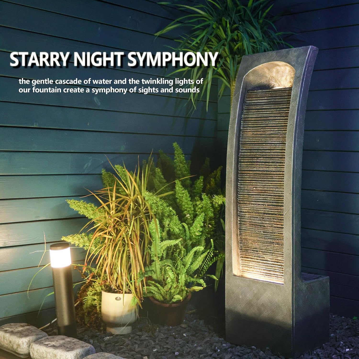 Indoor Water Fountain Modern Curved Faux Slate Waterfall Fountain with LED Lighting 42.5 Inch Tall Tiered Waterfall for Garden Patio Backyard Decor - Durable and Weather- Resistant Design