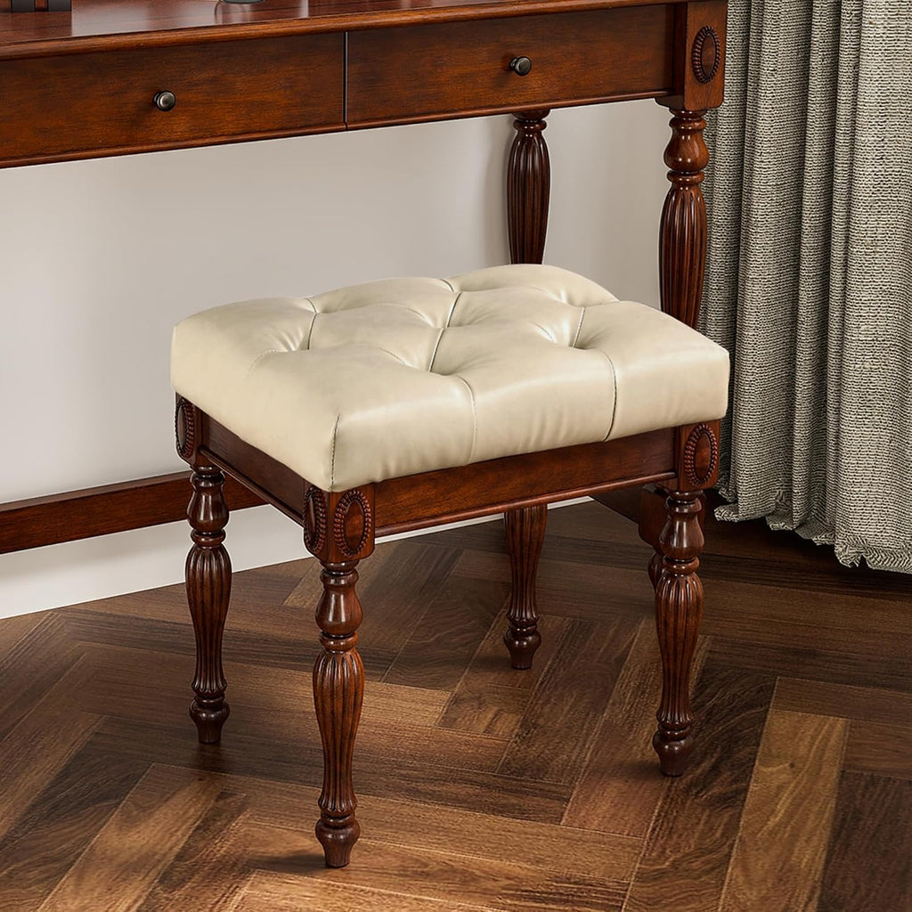 Solid Wood Upholstered Vanity Bench, Small Vintage Ottoman Leather Tufted Foot Stool with Padded Cushion Carved Footrest Rustic Legs for Bedroom Living Room 1533BG(Beige)