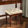 Solid Wood Upholstered Vanity Bench, Small Vintage Ottoman Leather Tufted Foot Stool with Padded Cushion Carved Footrest Rustic Legs for Bedroom Living Room 1533BG(Beige)
