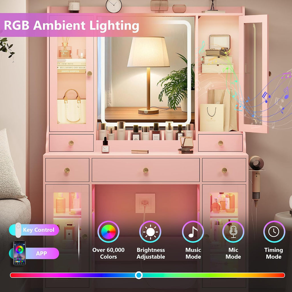 HUANLEGO Vanity Desk with Mirror and Lights, Pink Vanity Mirror with Lights & RGB Glass Cabinet and 3 Drawers, Makeup Vanitys Desk with Lighted Mirror, Dressing Table for Girls Bedroom, 3 Color Modes