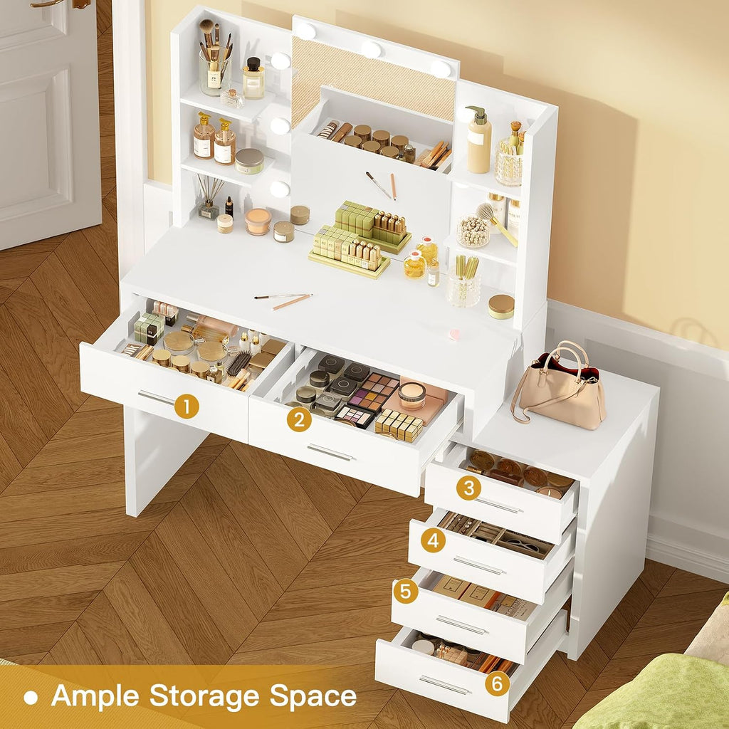 Quimoo 43.3' W Vanity Desk with Mirror and 9 LED Lights, Makeup Vanity with 6 Drawers, 6 Open Shelves, White Vanity for Women Girls, 43.3' W x 13.8' D x 54.3'