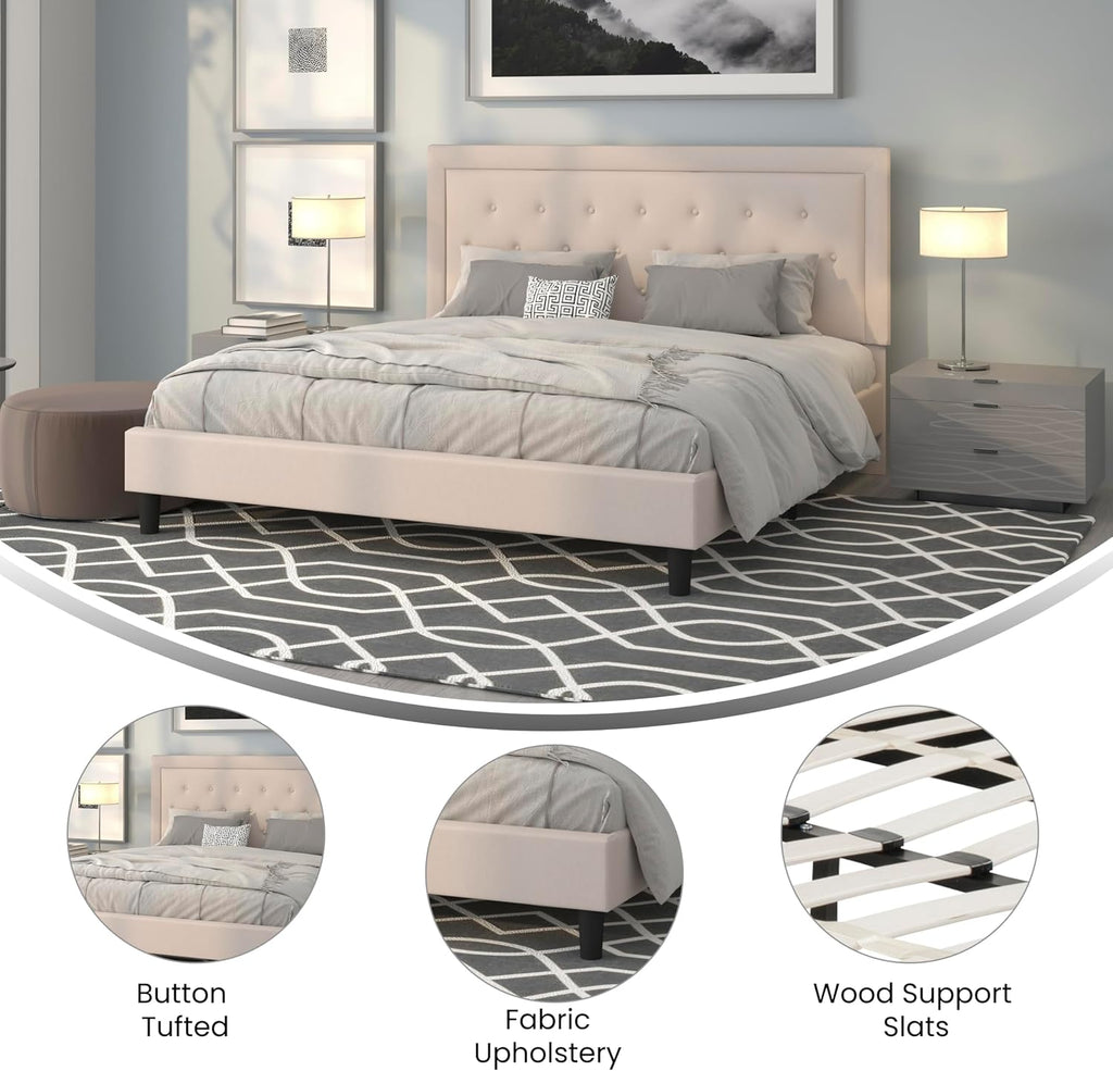 Flash Furniture Roxbury King Size Tufted Upholstered Platform Bed in Beige Fabric