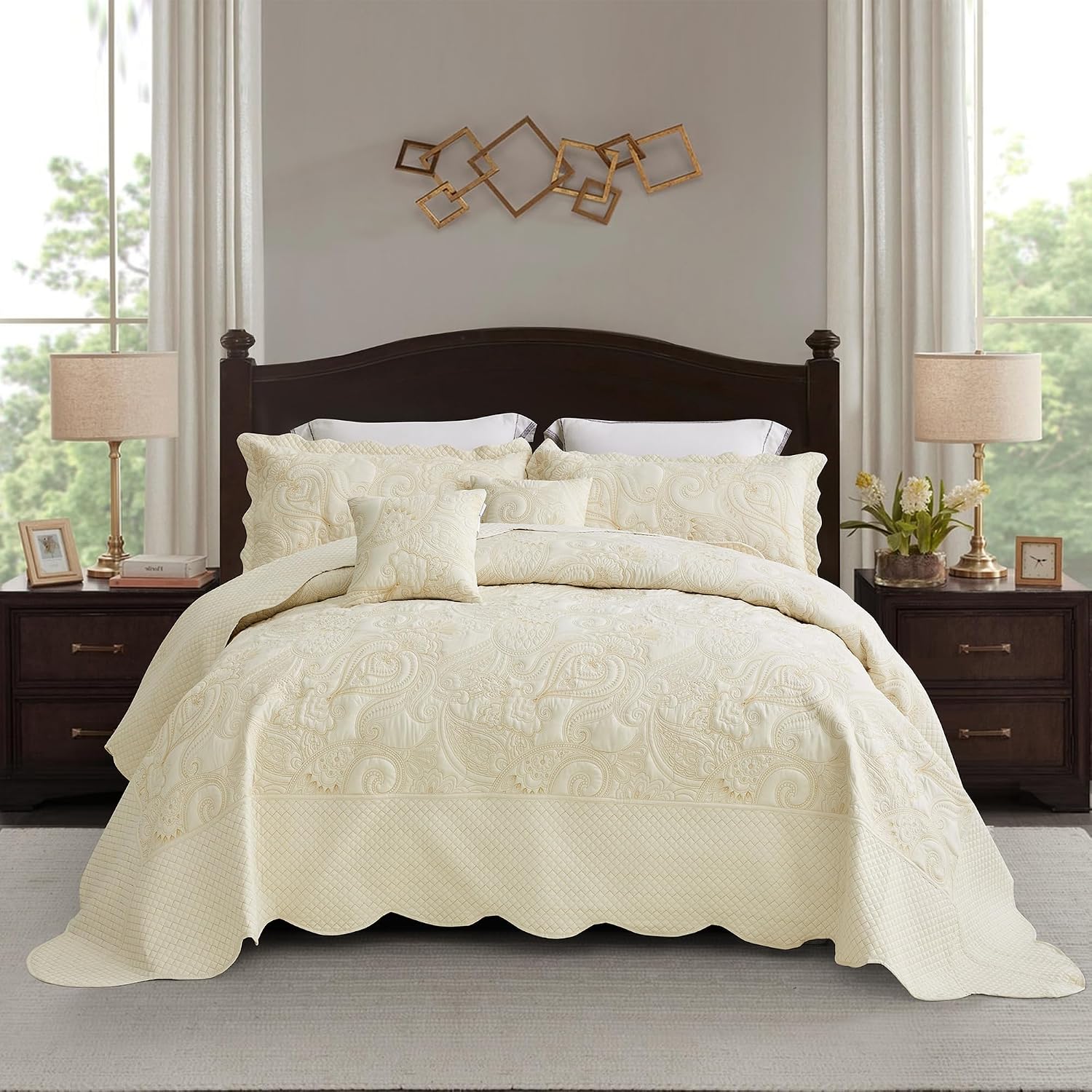Oversized King Bedspread, Paisley Pattern Design, Lightweight Bedding Cover, Reversible, 5 Piece, 100% Microfiber, Ivory Yellow