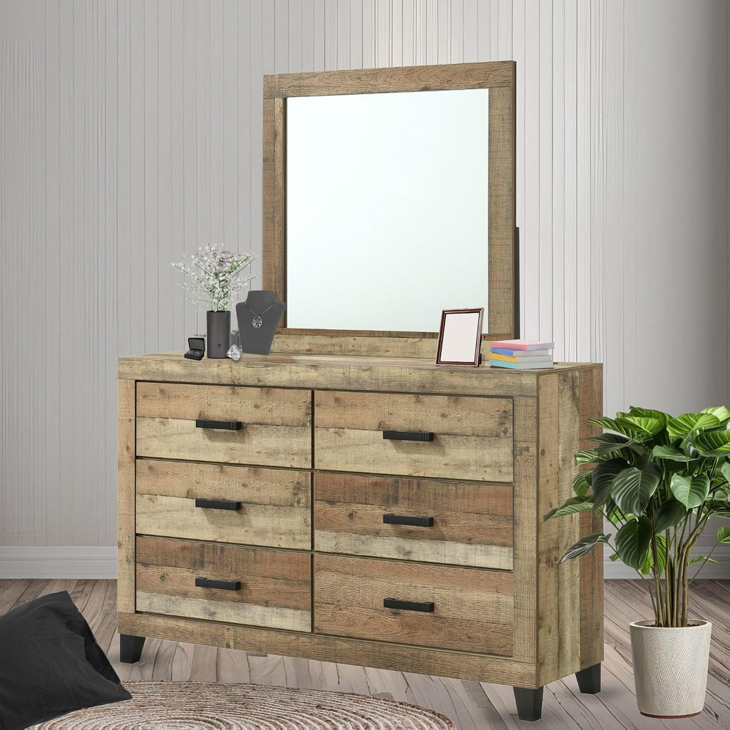 Kings Brand Furniture Biloxi Farmhouse Classic 5-Piece Bedroom Set - Bed Frame with Headboard, Dresser and Mirror, Chest and Nightstand (Queen)