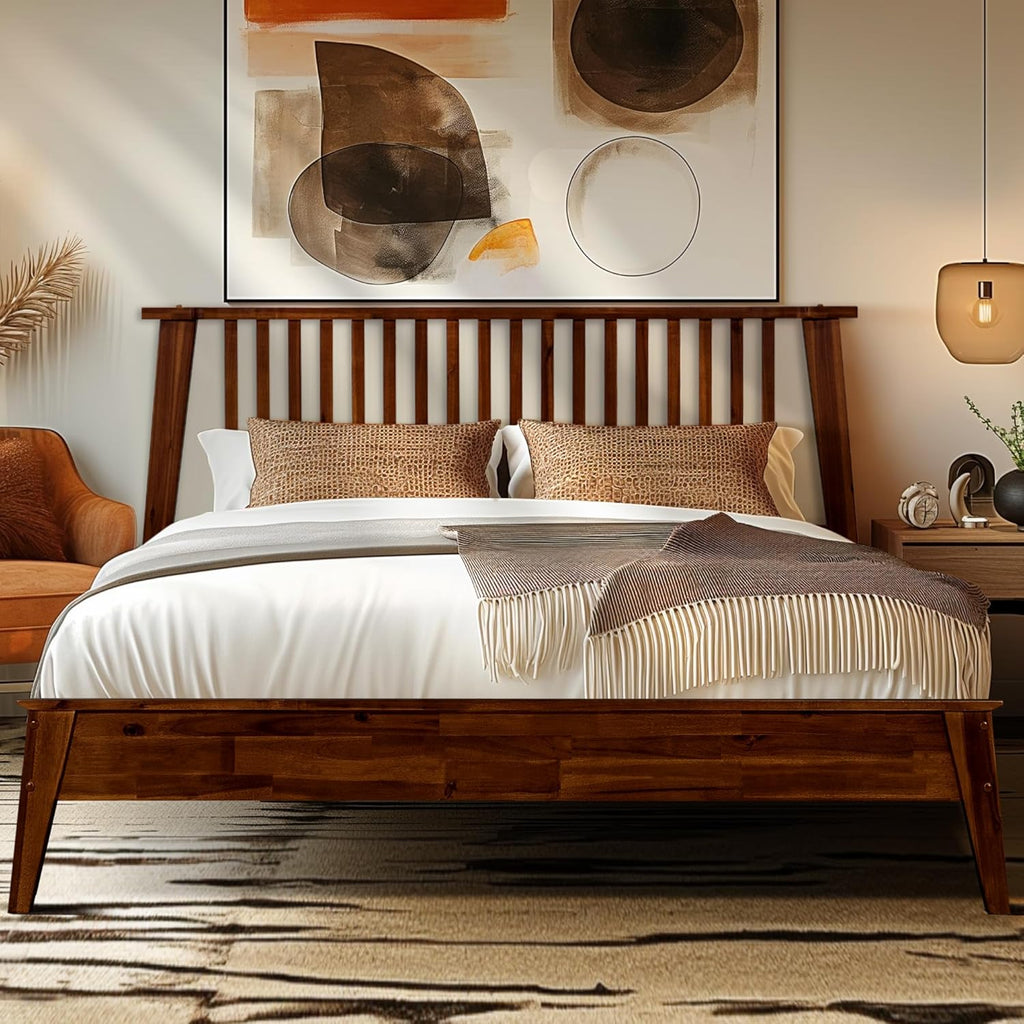 Acacia Kaylin Bed Frame with Headboard Solid Wood Platform Bed, King Bed Frame, Themed Headboard Wood Bed Compatible with All Mattress Types, No Box Spring Needed, Quick & Easy Assembly, Chocolate.