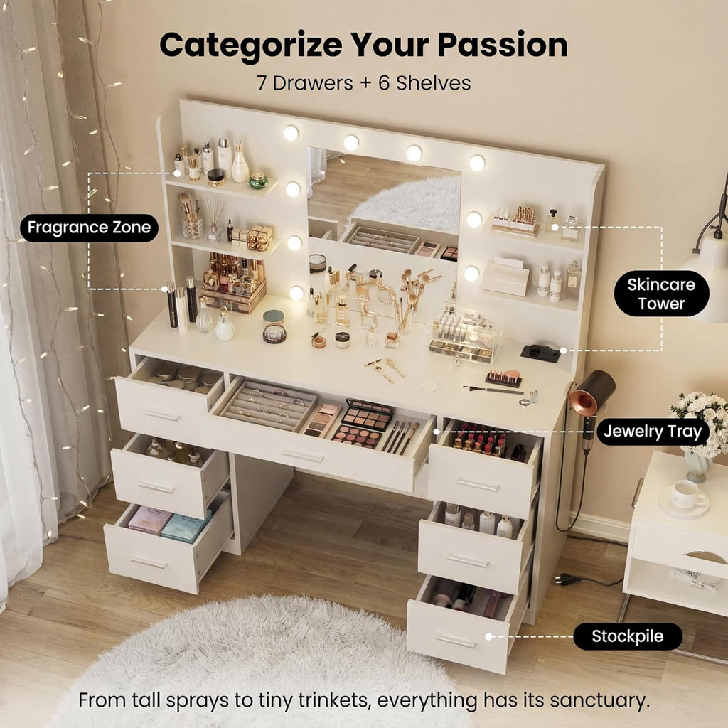 Furmax Vanity Desk with Mirror, LED Lights and Power Outlet Makeup Vanity Table with 7 Drawers and 6 Storage Shelves Dressing Table for Bedroom Dressing Room (Bright White)