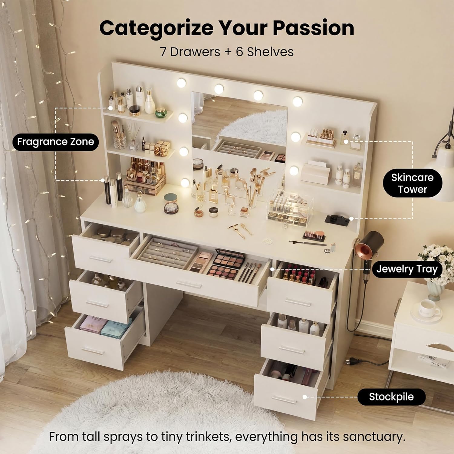 Furmax Vanity Desk with Mirror, LED Lights and Power Outlet Makeup Vanity Table with 7 Drawers and 6 Storage Shelves Dressing Table for Bedroom Dressing Room (Bright White)