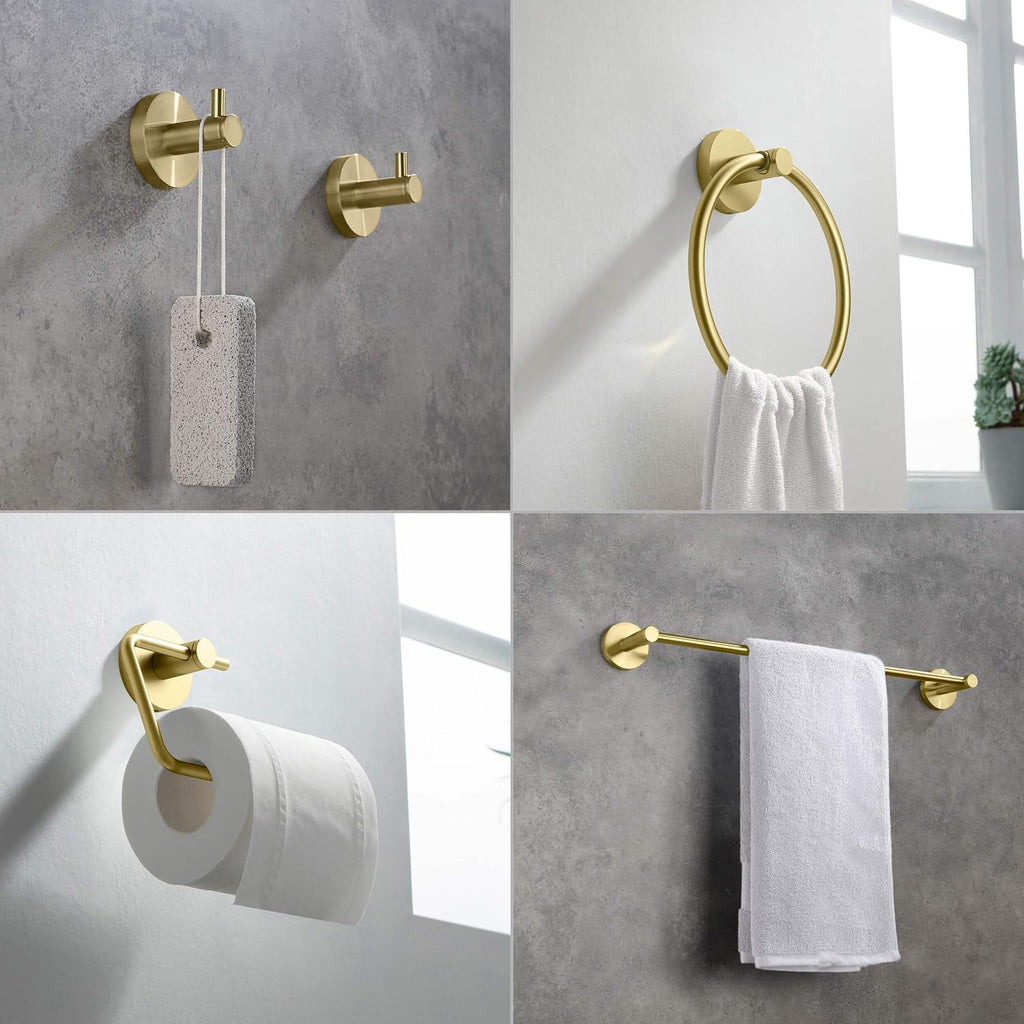 KIBI 5 Piece Circular Bathroom Hardware Set Bathroom Accessories Set | Towel Bar (18'), Towel Ring, Toilet Paper Holder, Robe Hooks (Brushed Gold) (C-KBA14-5-4)