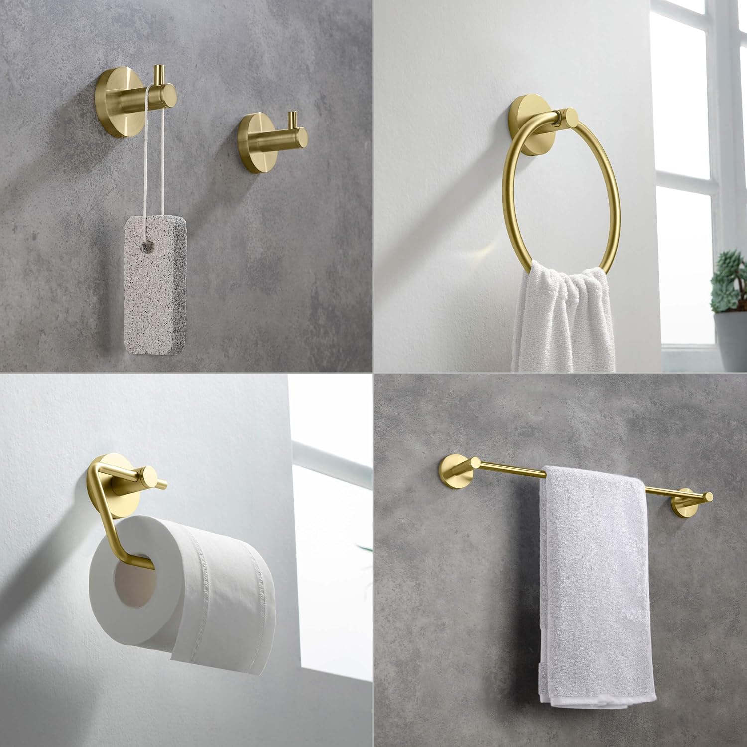 KIBI 5 Piece Circular Bathroom Hardware Set Bathroom Accessories Set | Towel Bar (18'), Towel Ring, Toilet Paper Holder, Robe Hooks (Brushed Gold) (C-KBA14-5-4)