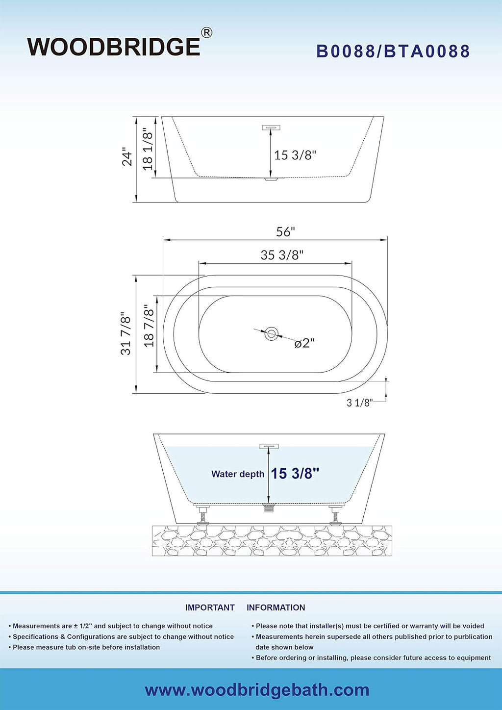 WOODBRIDGE 56' Acrylic Freestanding Bathtub Contemporary Soaking White Tub with Matte Black Overflow and Drain，B0088-MB-Drain&O