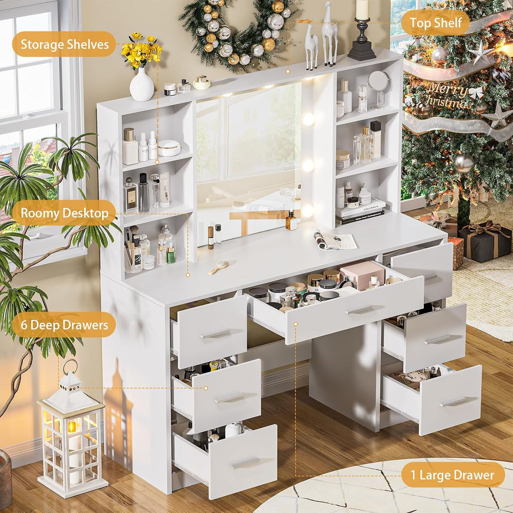 DINGIPP Makeup Vanity Desk with Mirror,10 Lights and Power Strip,Large Makeup Vanity with Shelves and 7 Drawers, Vanity Desk Dressing Table with 3 Color Adjustable Light,Vanity Table (White)