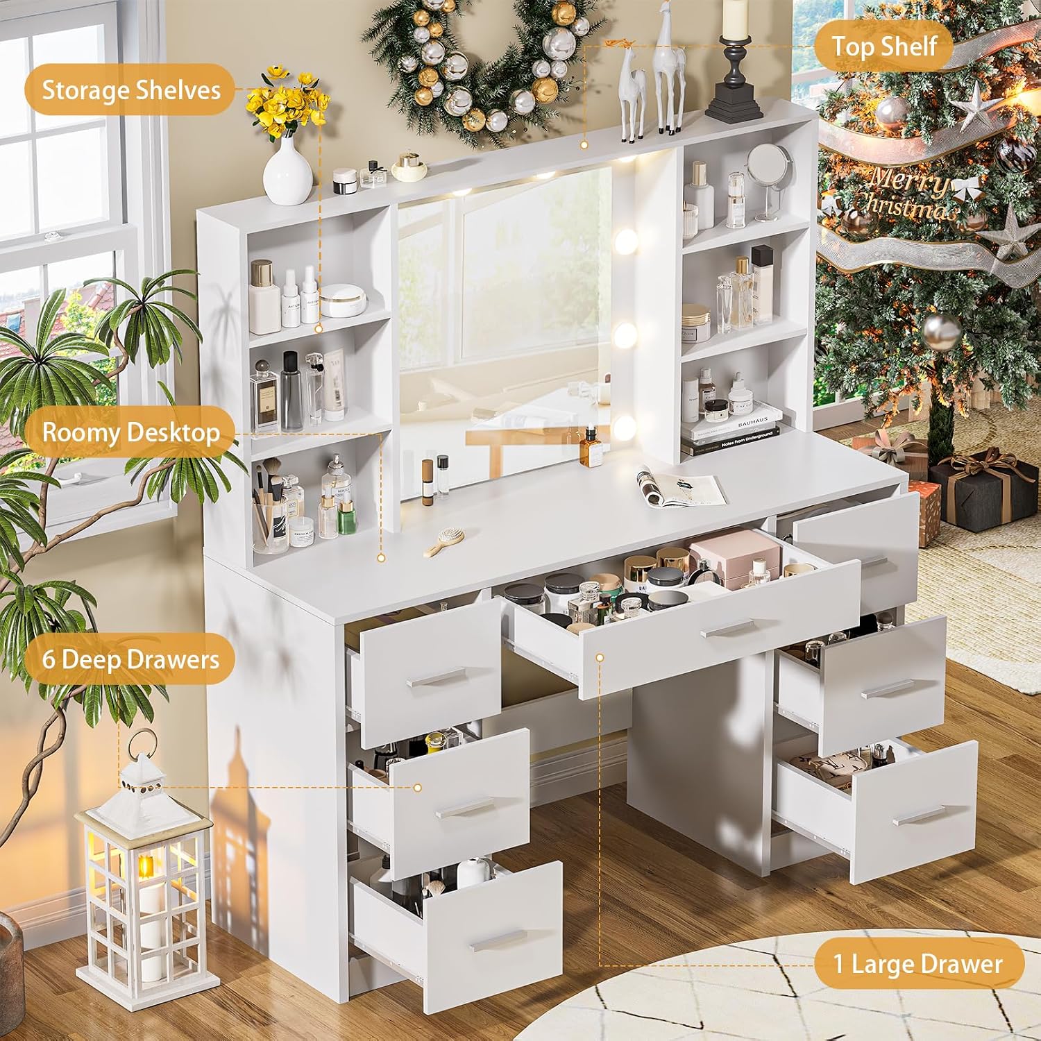 DINGIPP Makeup Vanity Desk with Mirror,10 Lights and Power Strip,Large Makeup Vanity with Shelves and 7 Drawers, Vanity Desk Dressing Table with 3 Color Adjustable Light,Vanity Table (White)