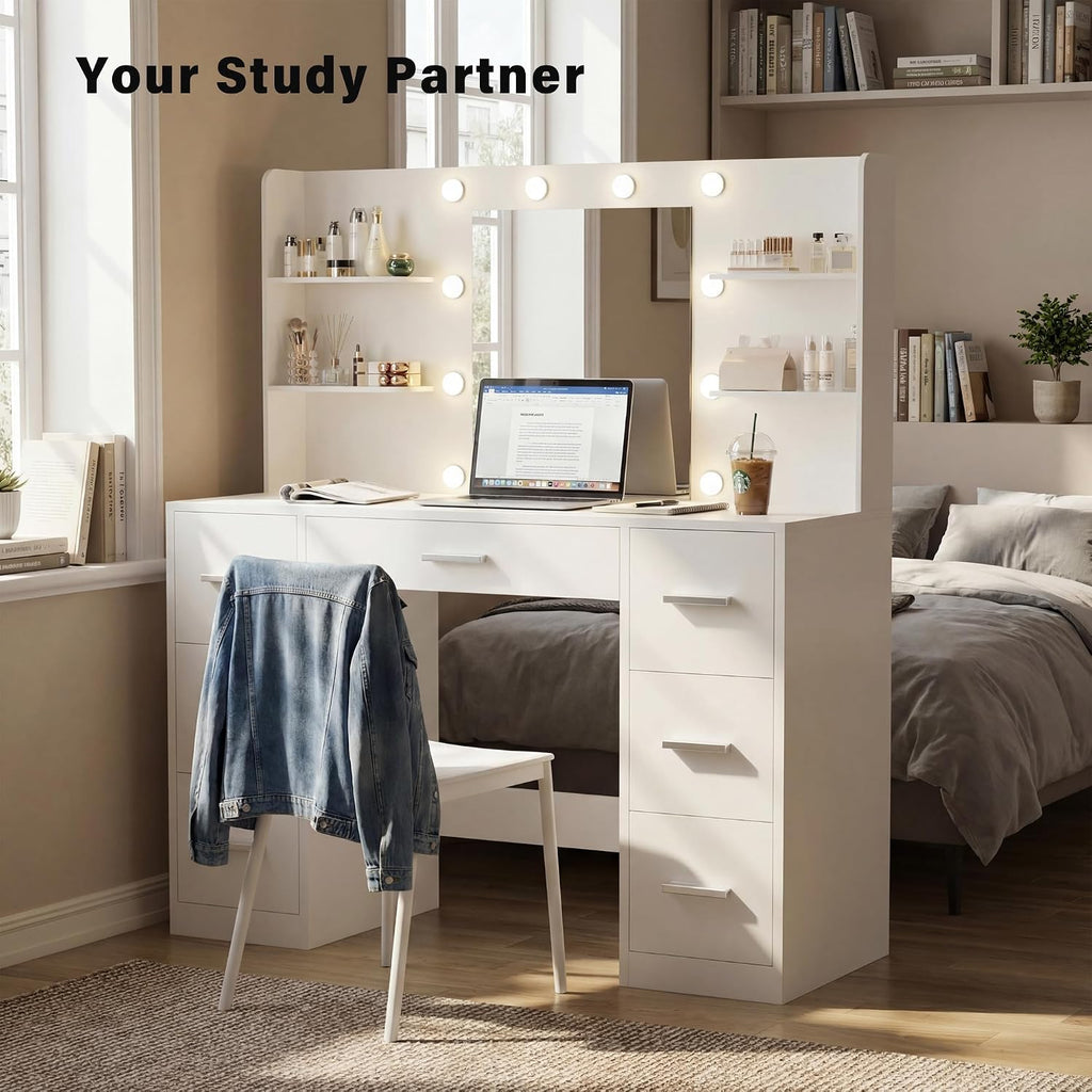 Furmax Vanity Desk with Mirror, LED Lights and Power Outlet Makeup Vanity Table with 7 Drawers and 6 Storage Shelves Dressing Table for Bedroom Dressing Room (Bright White)