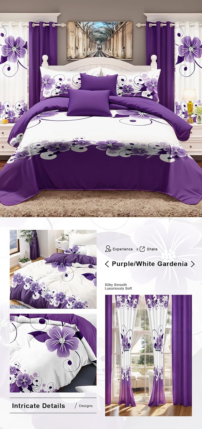 XinYunKeJiShop Reylox 9-Piece Cal King Comforter Set with Curtains | Purple Floral | Microfiber RV & Elegant Living