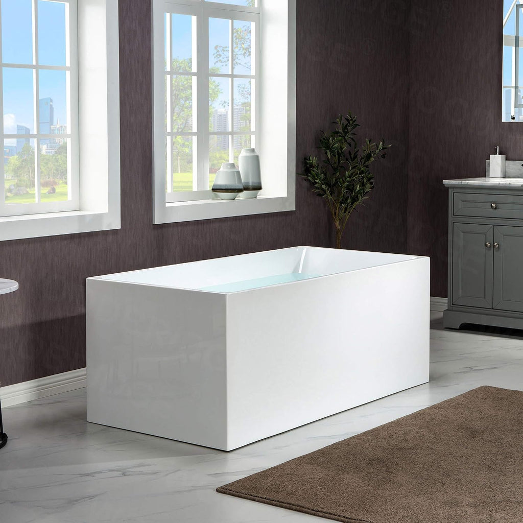 WOODBRIDGE 67' Acrylic Freestanding Bathtub Contemporary Soaking White Tub with Brushed Gold Overflow and Drain，B0086-BG-Drain&O