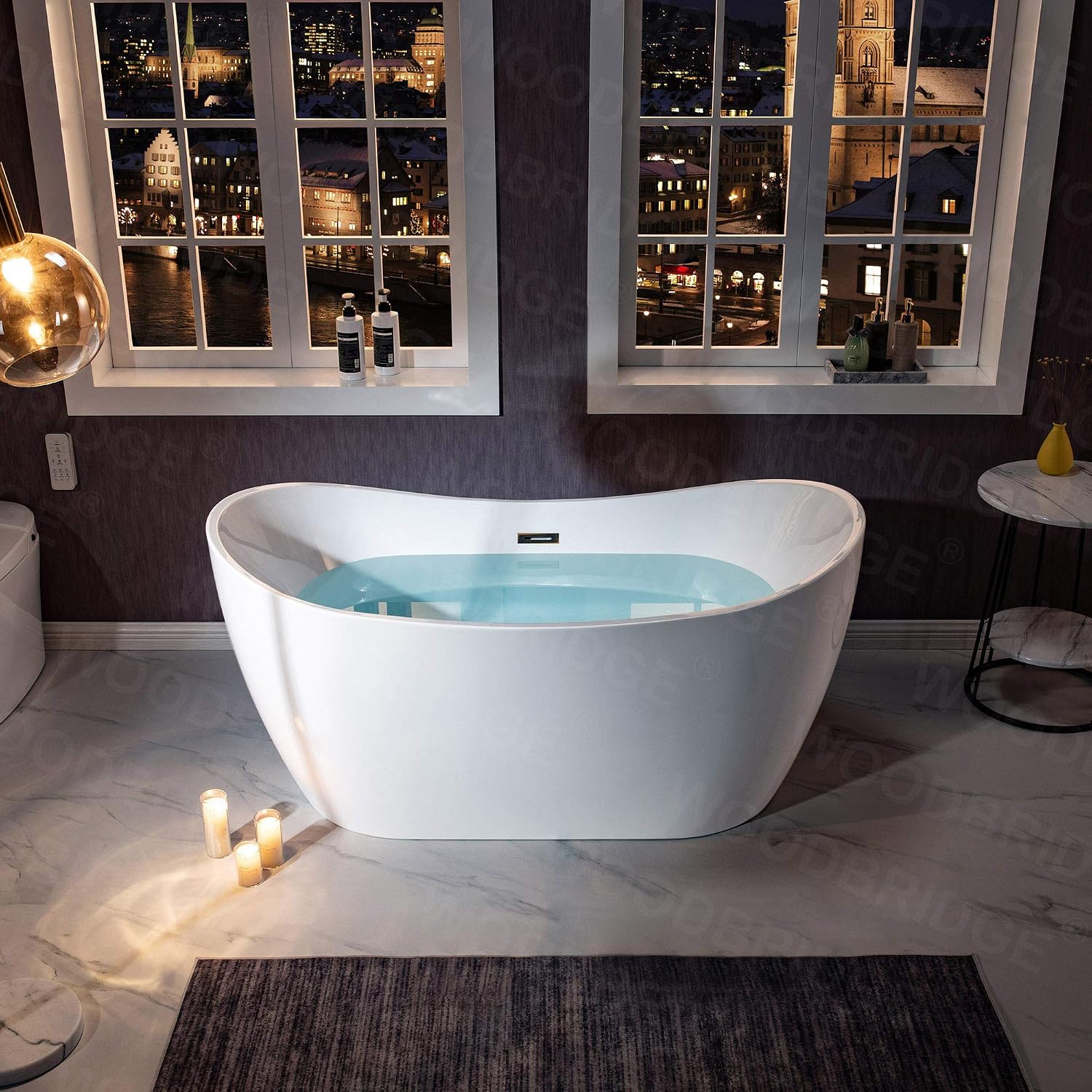 WOODBRIDGE 59' Acrylic Freestanding Bathtub Contemporary Soaking White Tub with Oil Rubbed Bronze Overflow and Drain,B0016-ORB