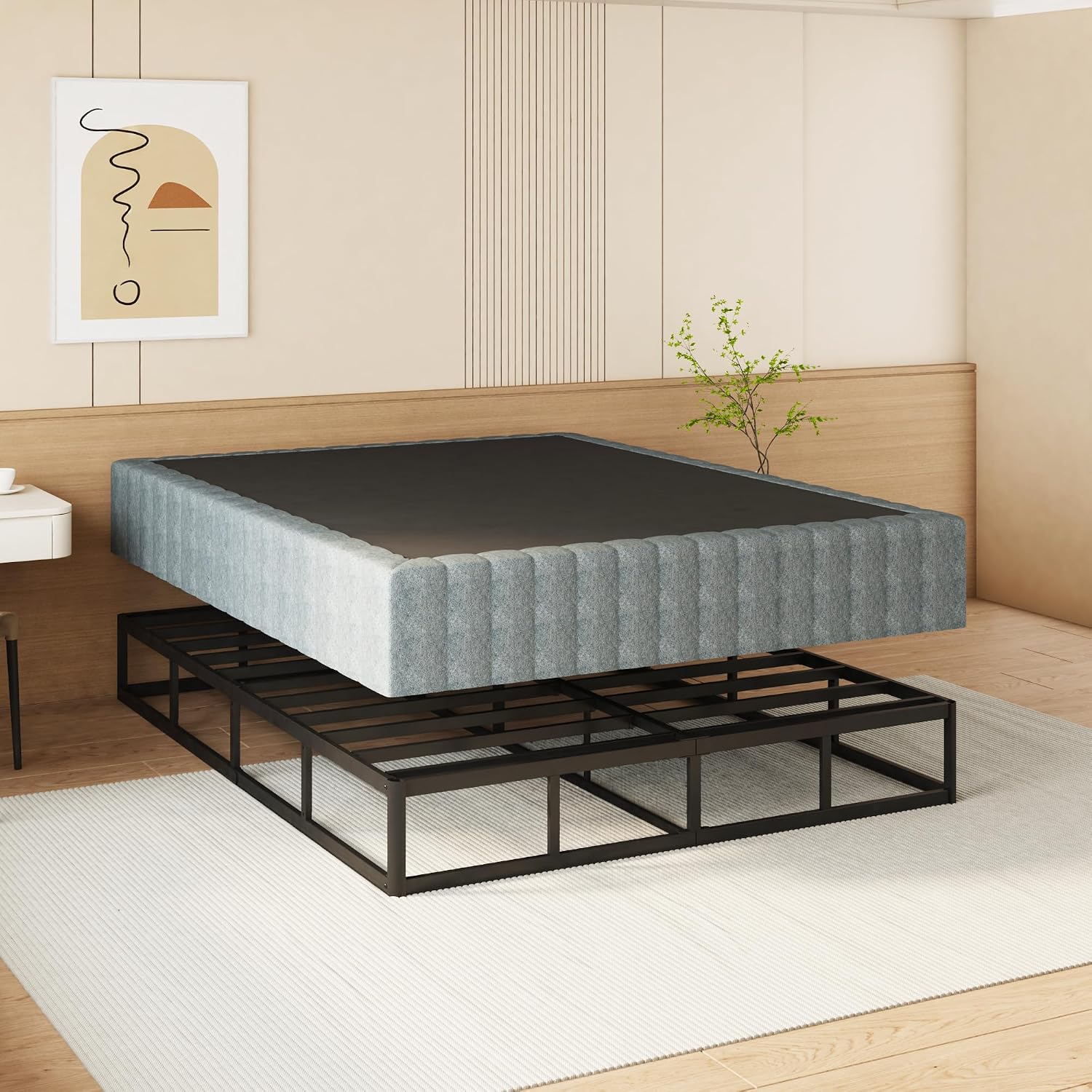 NHODIR 9 Inch Box Spring Full Size Bed Base, Heavy Duty Metal Full Mattress Foundation with Upholstered Fabric Cover, Easy Assembly, Black