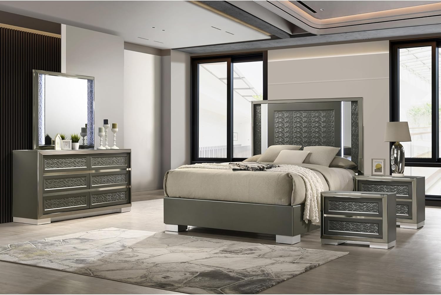 Furniture of America Uself Modern Solid Wood 5-Piece Bedroom Set with LED on Headboard and Mirror, Silver Bracketed Feet, Leaf Pattern Molding, No Box Spring Needed, King, Dark Gray