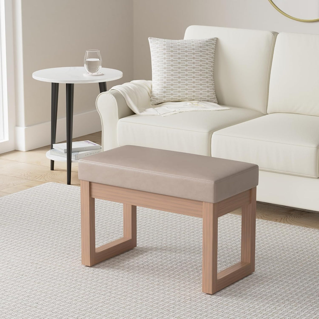 SIMPLIHOME Milltown Small Ottoman Bench - 27' Wide x 18' High Upholstered Vegan Leather Rectangle Footstool Ottoman in Ash Blonde, Contemporary Bench for Living Room with Cushioned Seat, Assembled