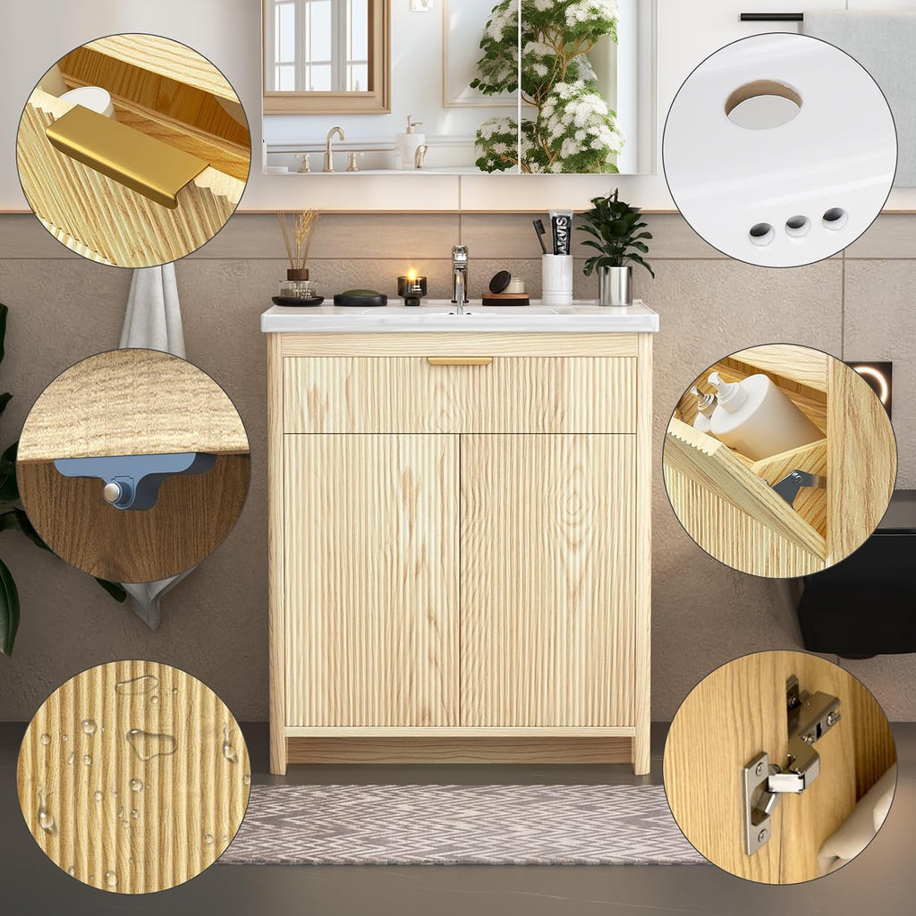 30'' Bathroom Vanity with Ceramic Single Sink Combo, Small Freestanding Bathroom Storage Vanity Cabinet with Drawer & Cabinet, Metal Handle,Natural Oak