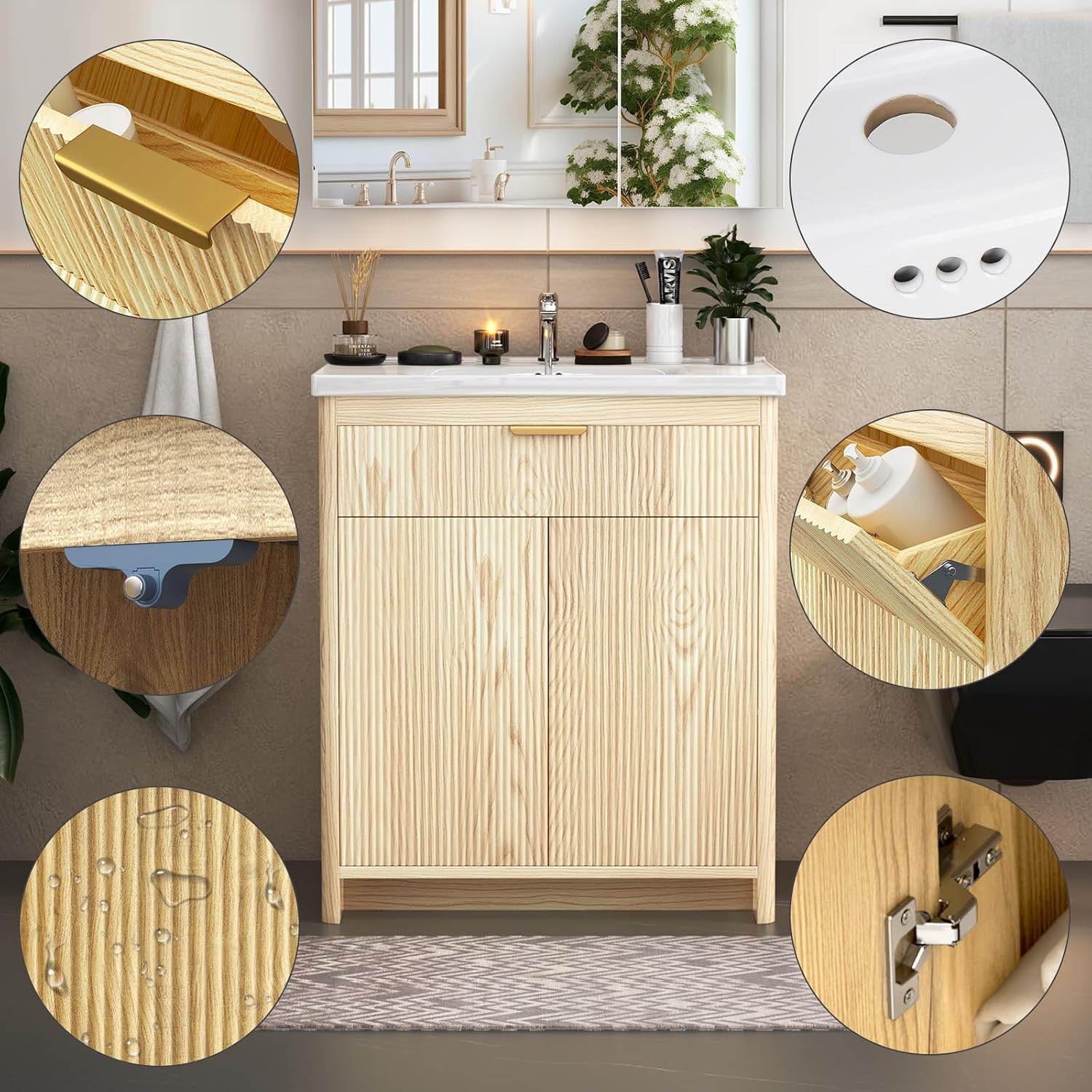 30'' Bathroom Vanity with Ceramic Single Sink Combo, Small Freestanding Bathroom Storage Vanity Cabinet with Drawer & Cabinet, Metal Handle,Natural Oak