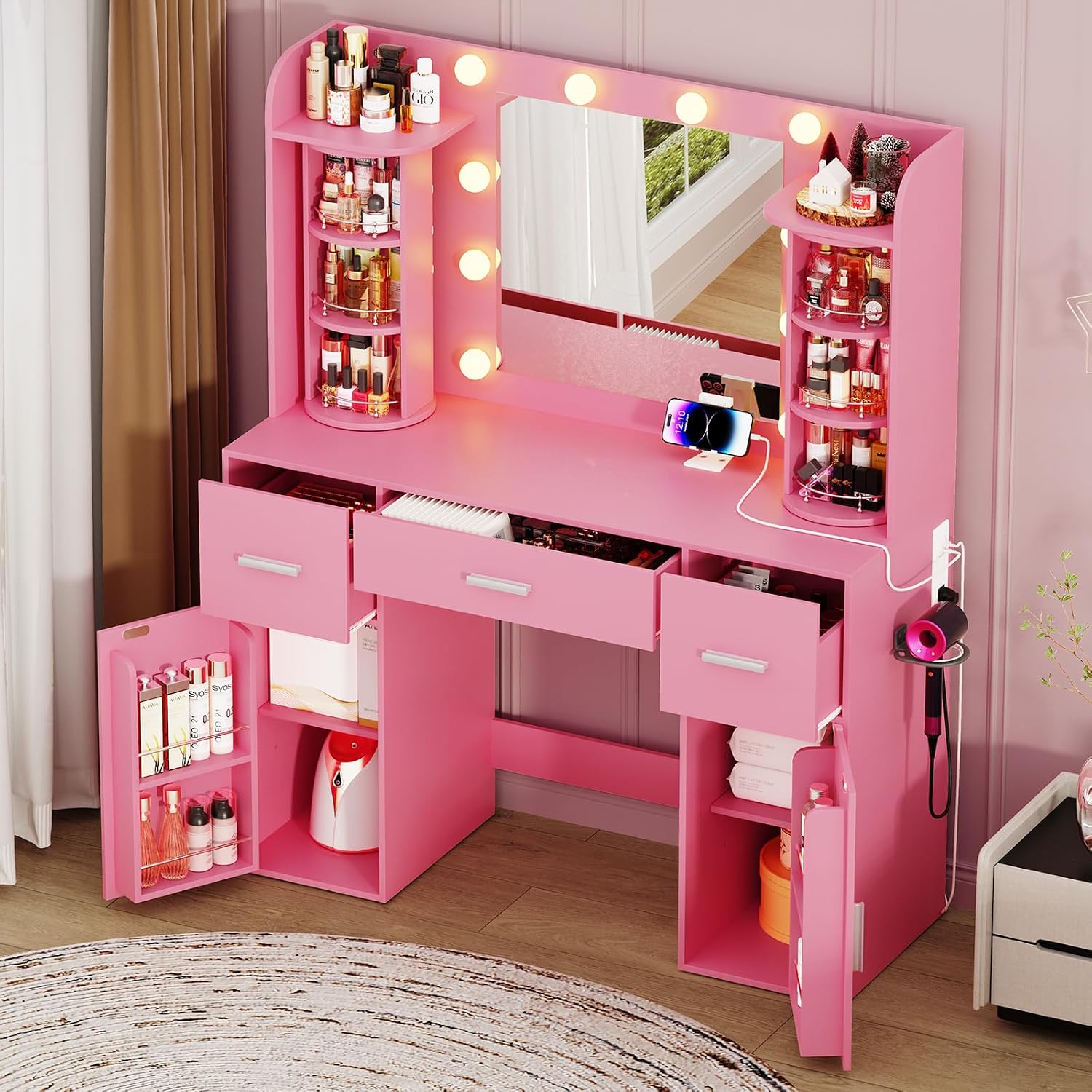 EasyCom Makeup Vanity Desk with Mirror and Lights, Vanity with Rotating Jewelry Organizers, Dressing Table with USB-C Charging Station, 3 Drawers and 2 Cabinets for Bedroom, Dressing Room, Pink