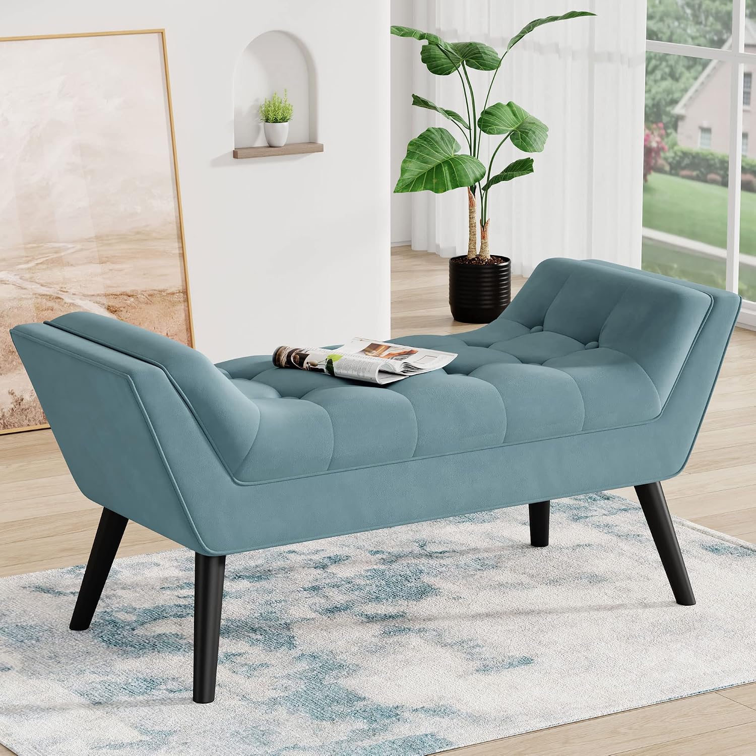 Andeworld Velvet Bed Bench,Upholstered Entryway Ottoman Bench Seat for Bedroom End of Bed,Footstools for Bed Room,Lake Blue
