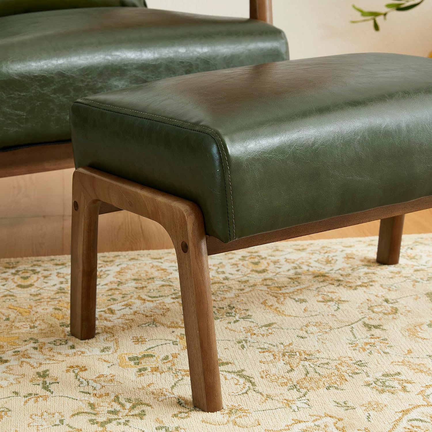 Glitzhome Foot Stool Ottoman Set of 2, Modern Leatherette Sofa Stool Vanity Chair with Rubber Wood Frame, Footrest Ottoman Bench for Living Room, Entryway, Hunter Green