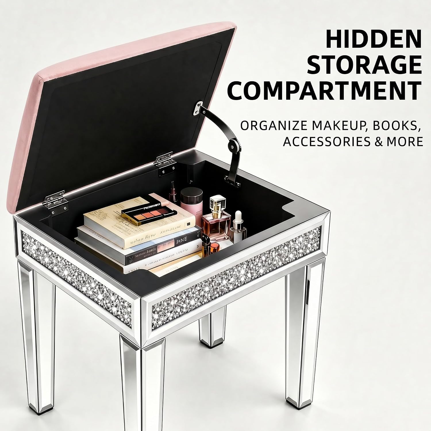 Vanity Stool with Storage – Mirrored Legs, Velvet Cushioned Ottoman, Hidden Compartment, Sparkling Diamond Trim, Glam Makeup Chair & Piano Bench - Silver & Pink