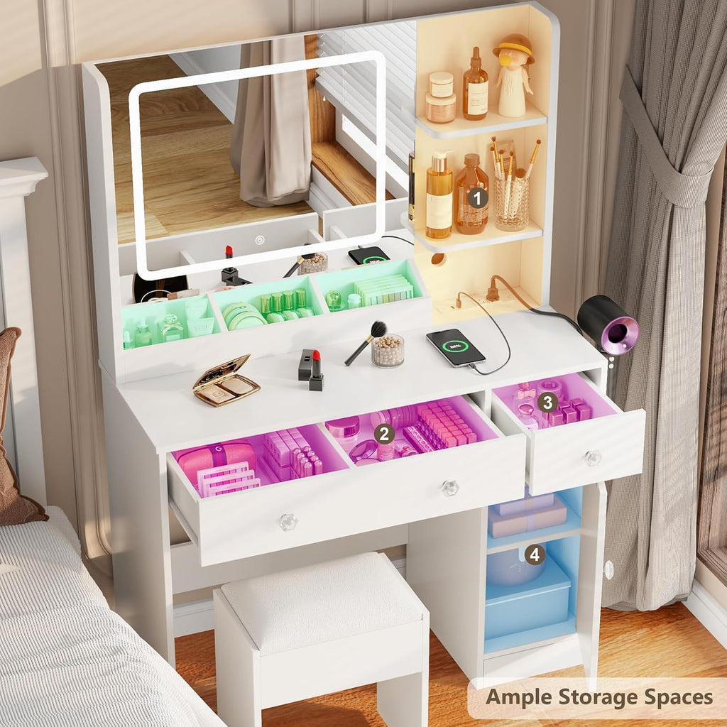 Makeup Vanity Desk with Mirror and Lights,Vanity Set with Mirror and Stool and Lights 3 Color,White Vanity Desk with Drawers,Make Up Table with Power Outlet,Dressing Table with Cabinet,Storage Shelves