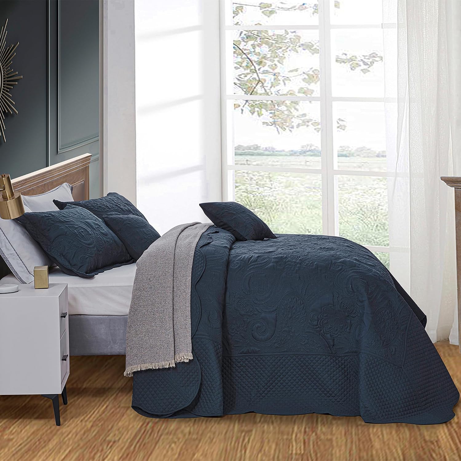 Oversized King Bedspread, Paisley Pattern Design, Lightweight Bedding Cover, Reversible, 5 Piece, 100% Microfiber, Navy Blue