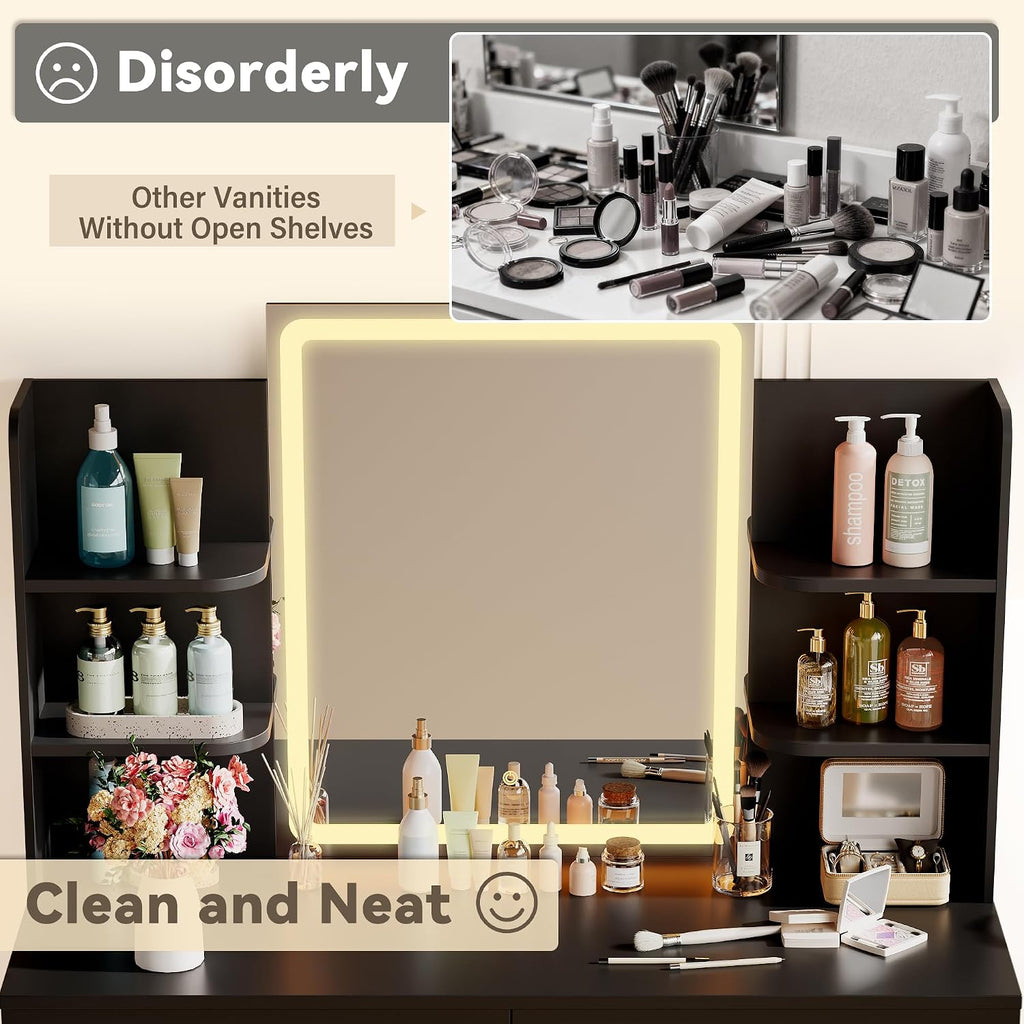 YESHOMY 35.4' Vanity Desk with LED Mirror and Lights,Makeup Vanity with 2 Storgae Drawers, 2 Side Shelves, and Open Storage Shelves, 3 Color Modes, for Bedroom, Classic Black
