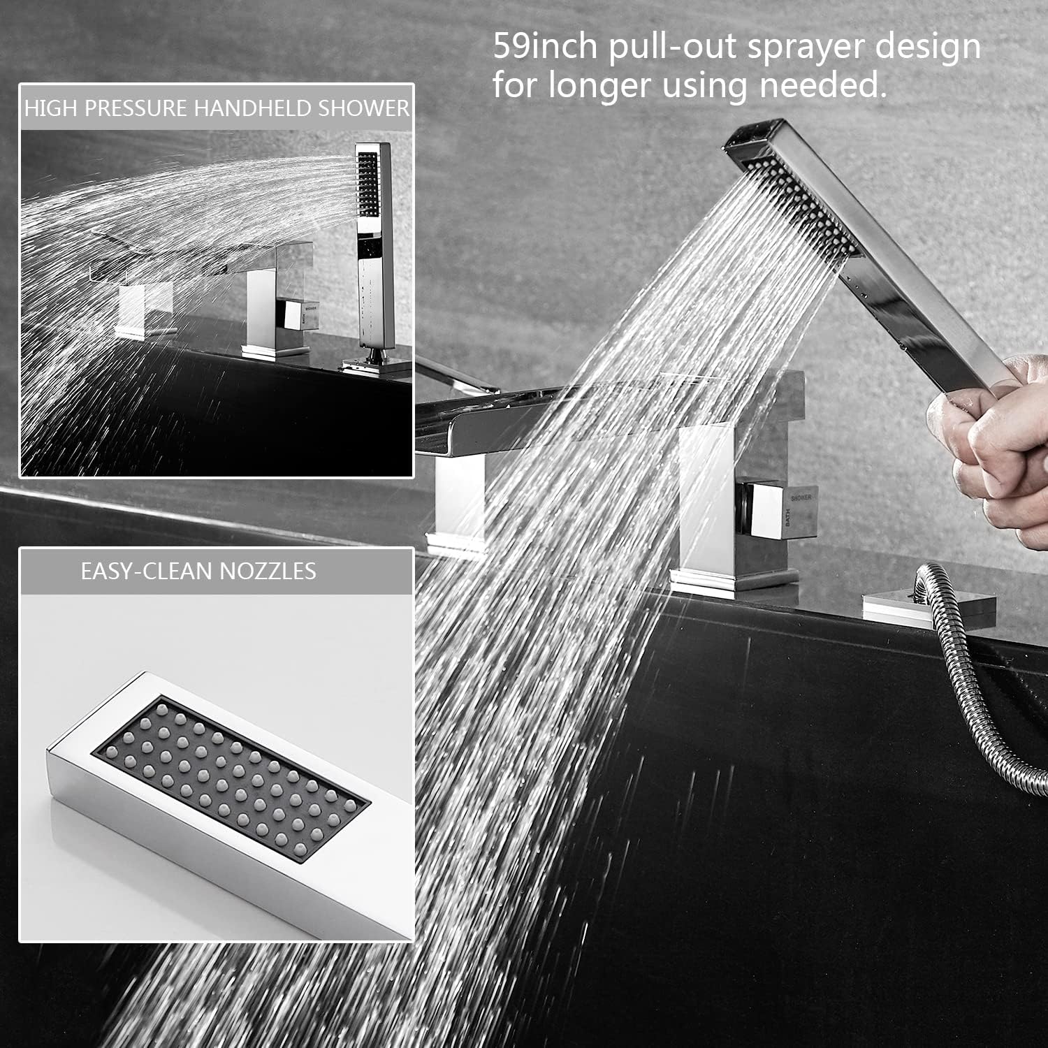 Waterfall Bathtub Faucet with Sprayer, 3-Hole Roman Tub Filler with Hand Shower Deck Mount Waterfall Tub Spout Set Chrome