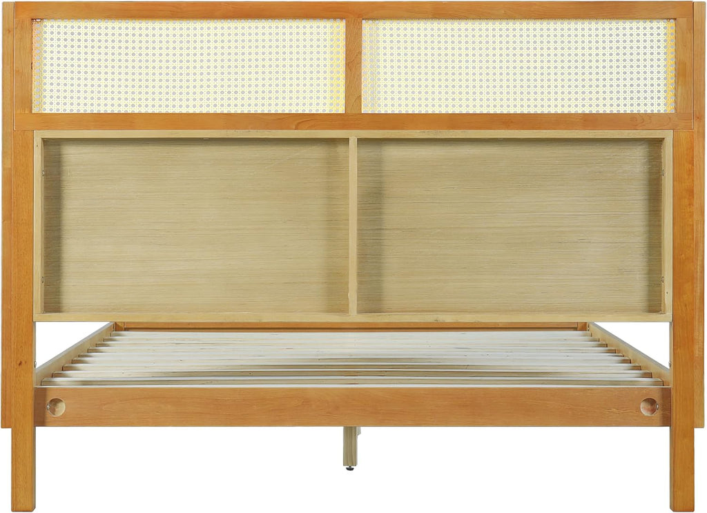 Merax Queen Size Premium Rubber Wood Platform Bed Frame, with Headboard, Mid Century Modern, Natural