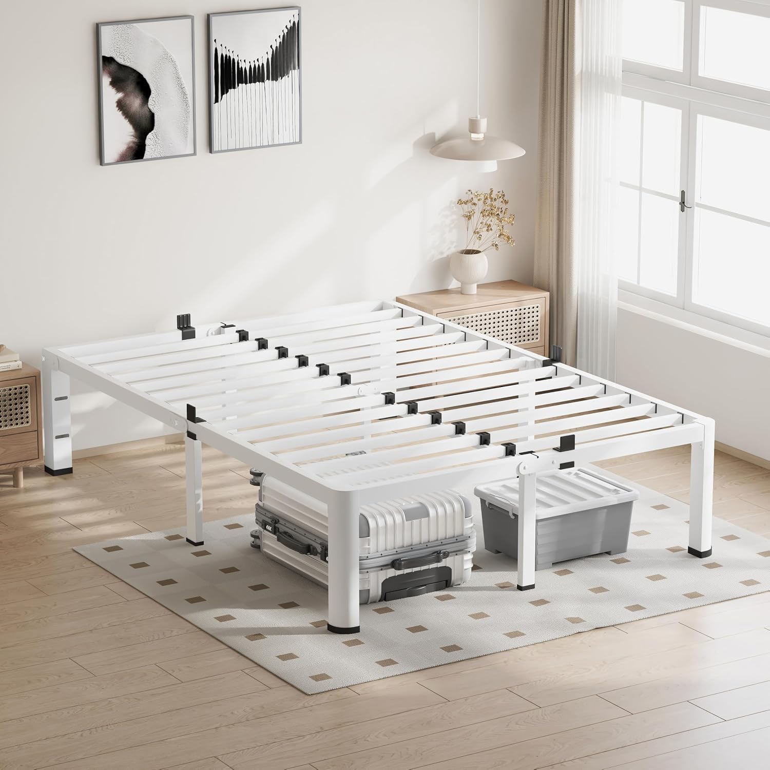 VIPSHOW 18 Inch Queen Size White Bed Frame, 3500Lbs Heavy Duty Metal Platform with Round Corner Legs Mattress Slide Stopper, Steel Slat Support No Box Spring Needed, Noise Free, Easy Assembly
