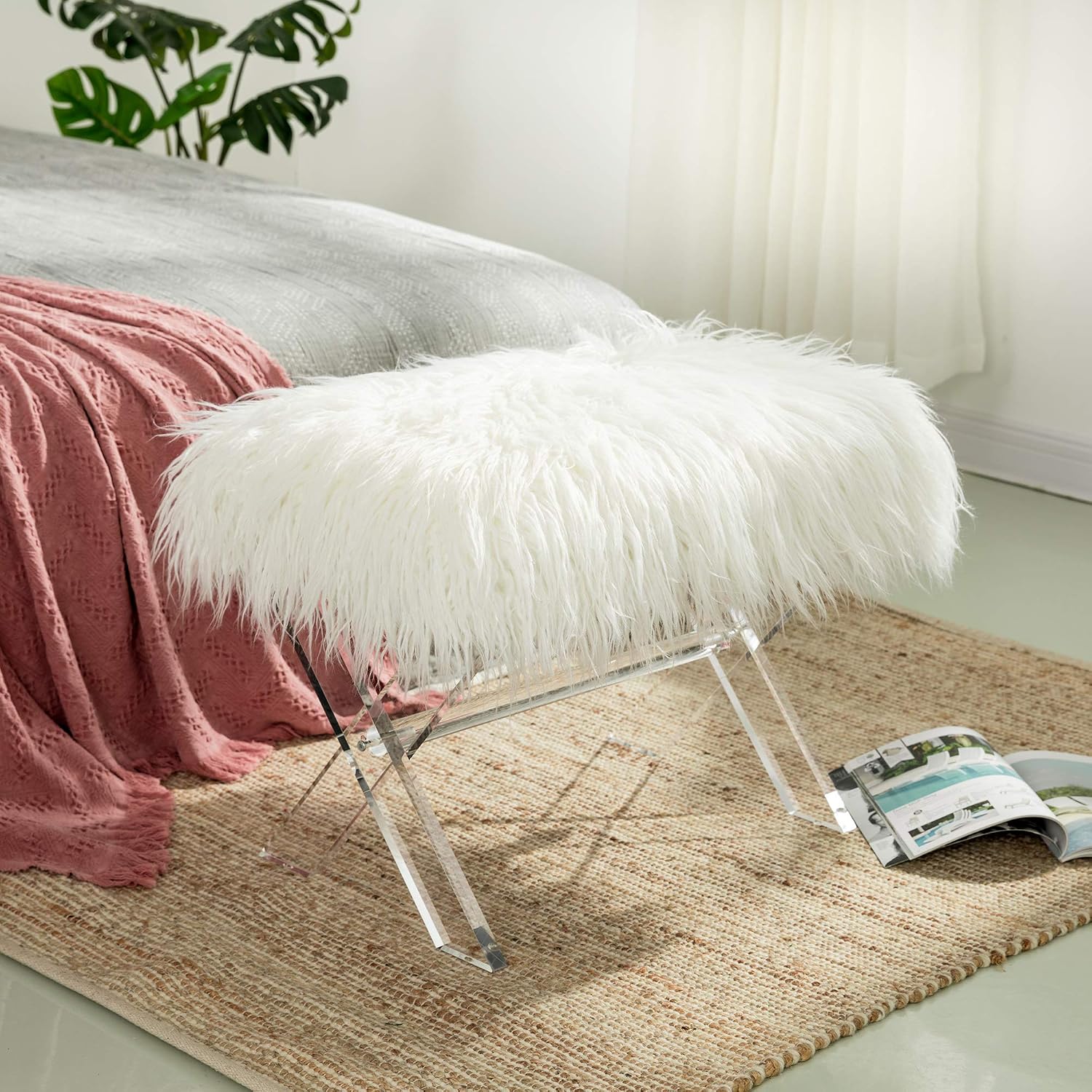 Glitzhome Ottoman Bench, White Faux Fur Ottoman Foot Rest, 25.5' L Modern Vanity Stool Chair with Acrylic Legs for Living Room Bedroom Entryway Makeup Bench End of Bed
