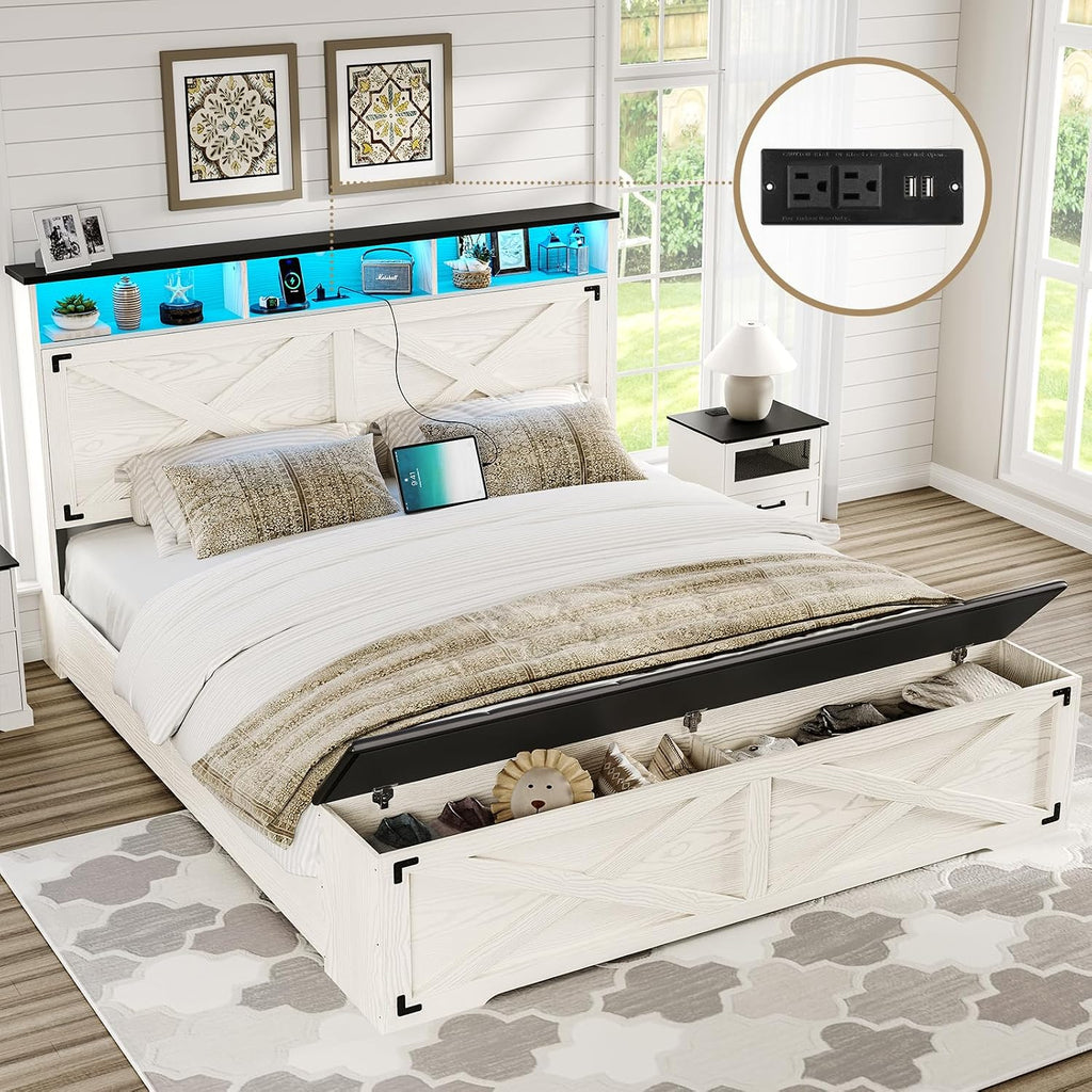 DICTAC Farmhouse Queen Bed Frame with Storage Headboard, Charging Station and LED Lights Wood Platform Bed Frame Queen Size with Storage Ottoman,Metal Slats Support,No Box Spring Needed, Antique White