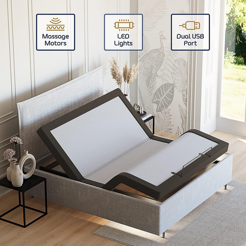 Nestl Queen Size Adjustable Massage Bed Frame with 12 Inch Green Tea Mattress and 4 Piece Bed Sheets Set - Adjustable Bed Base with Wireless Remote, USB and Head & Foot Massage - Fast & Easy Assembly