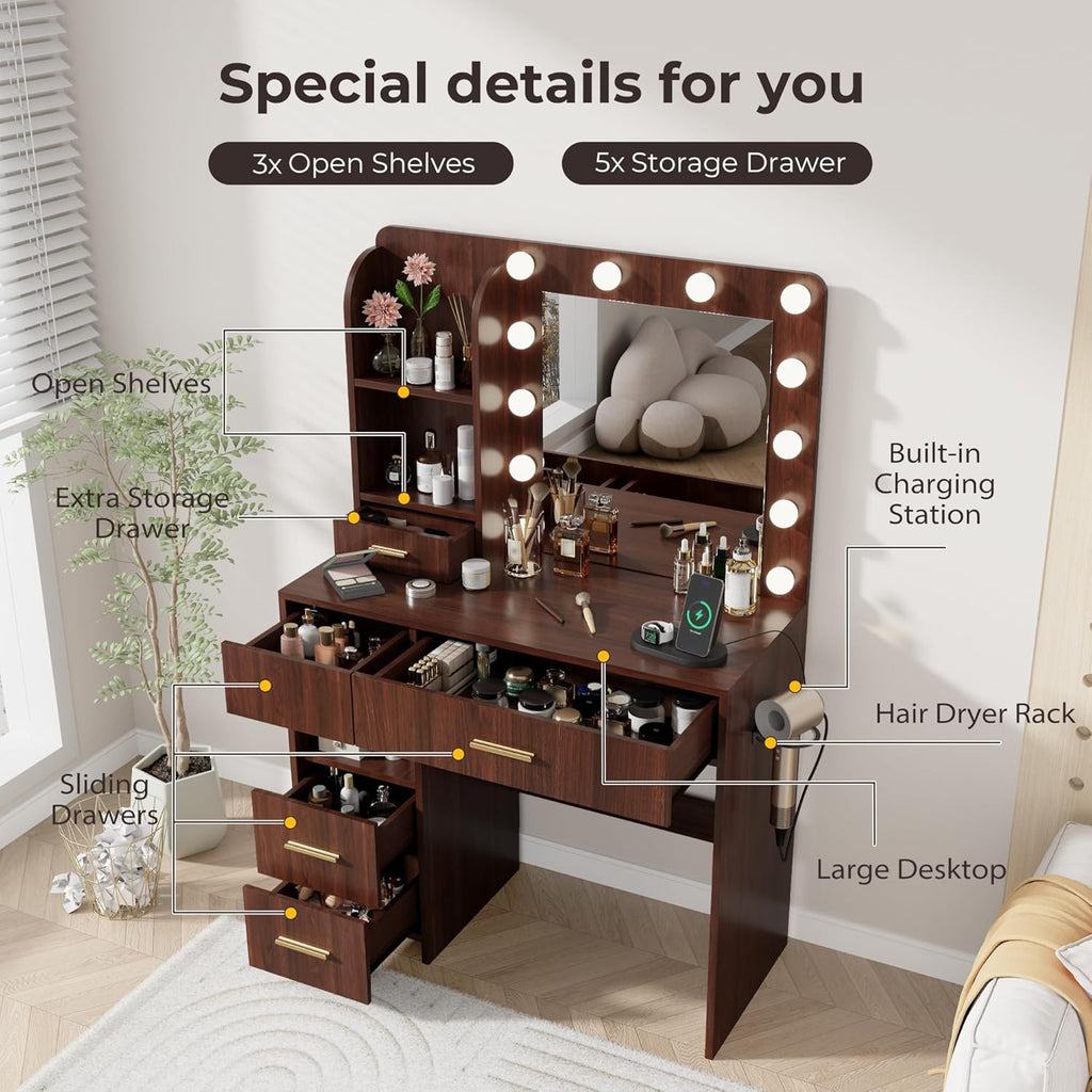Otterease Vanity Desk with LED Lighted Mirror&Power Outlet, 3 Lighting Colors Makeup Vanity with 5 Large Drawers and 3 Storage Shelves, White Vanity with Storage Stool for Bedroom (Walnut(no Stool))