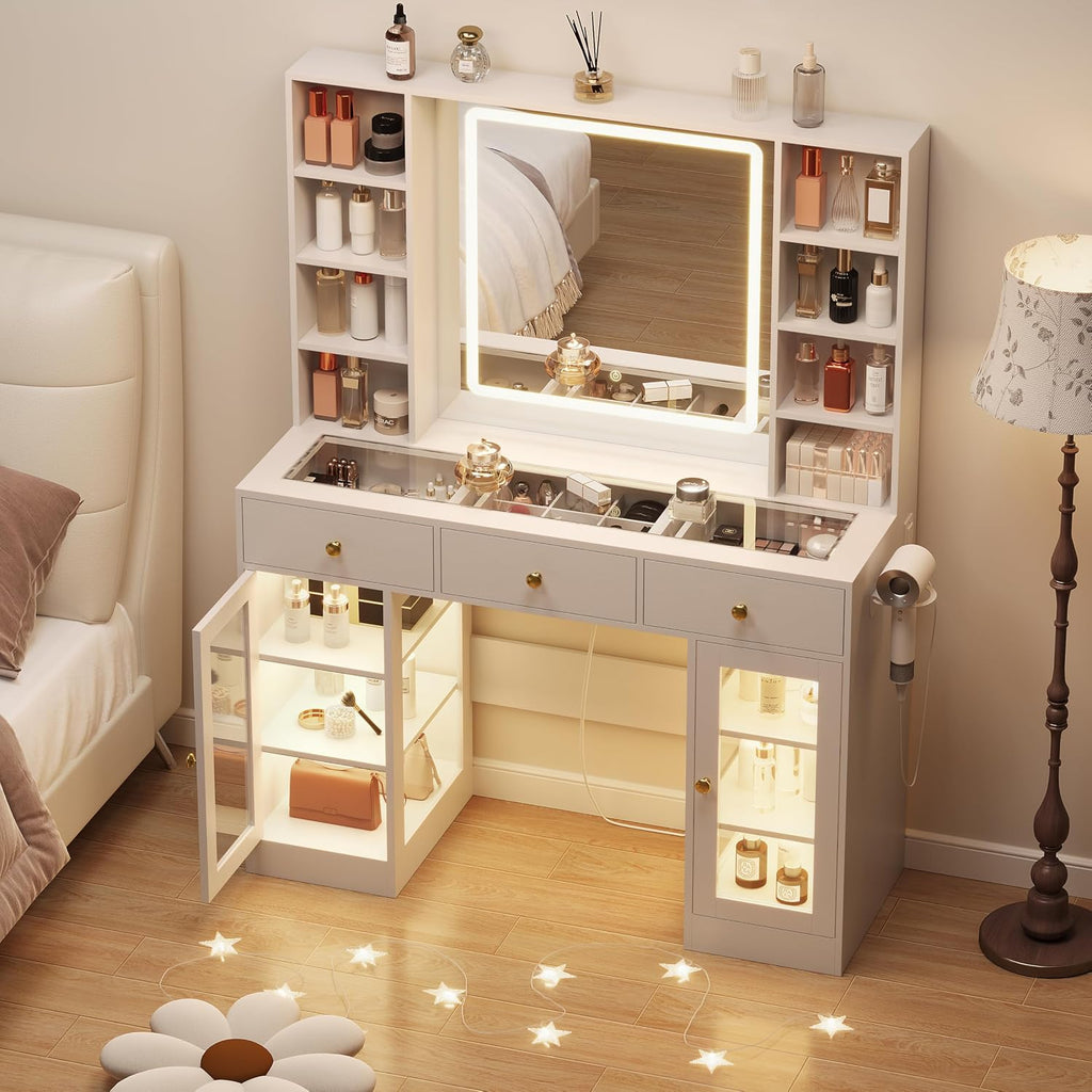 White Vanity Desk with Mirror and Lights, Glass Top Vanity with Lighted Mirror & RGB Cabinet and 3 Drawers, Dressing Table with 8 Shelves, Makeup Desk with Lights for Girls Bedroom, 3 Color Modes
