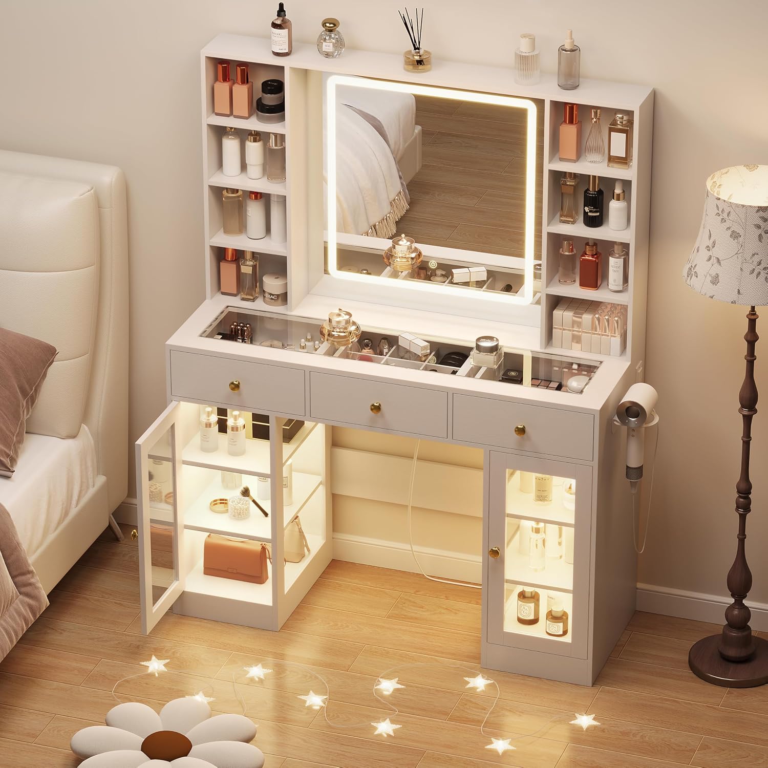 White Vanity Desk with Mirror and Lights, Glass Top Vanity with Lighted Mirror & RGB Cabinet and 3 Drawers, Dressing Table with 8 Shelves, Makeup Desk with Lights for Girls Bedroom, 3 Color Modes