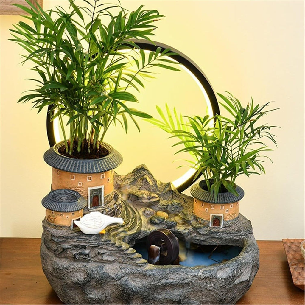 Tabletop Water Fountain Tabletop Fountain Rockery and Water Fountain Earthen Building Ornaments for Home Decor Office Relaxation Meditation Fountain