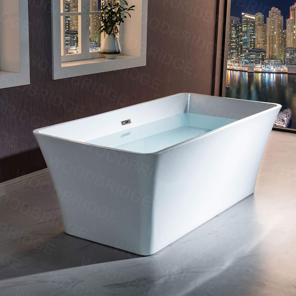 WOODBRIDGE 67' Acrylic Freestanding Bathtub Contemporary Soaking White Tub with Brushed Nickel Overflow and Drain，BTS1609-B/N-Drain&O