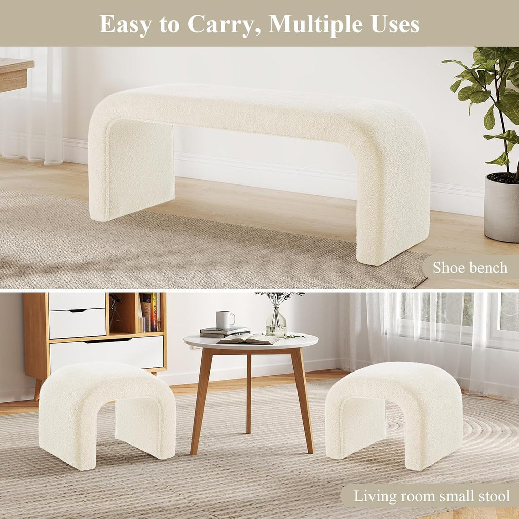 3-Piece Modern Ottoman Bench Set, 44' Wide Teddy Upholstered End of Bed Bench with 2 Foot Stools, Padded U-Shaped Entry Bench Vanity Stool for Living Room Bedroom (Cream)