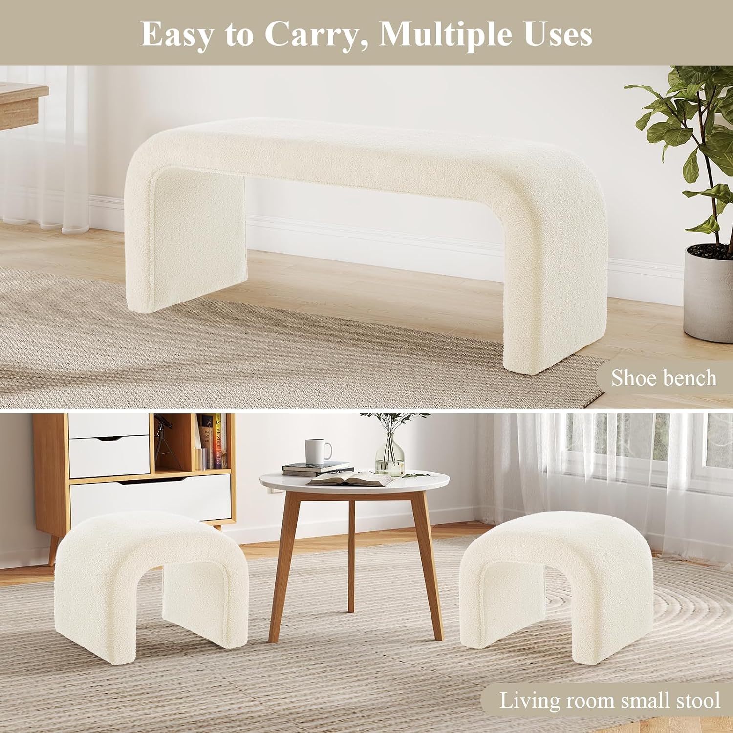 3-Piece Modern Ottoman Bench Set, 44' Wide Teddy Upholstered End of Bed Bench with 2 Foot Stools, Padded U-Shaped Entry Bench Vanity Stool for Living Room Bedroom (Cream)