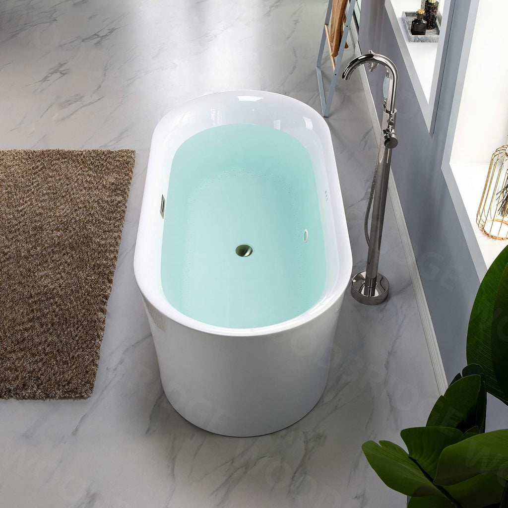WOODBRIDGE 67' Acrylic Freestanding Bathtub Contemporary Soaking White Tub with Brushed Nickel Overflow and Drain,White,B0101-B