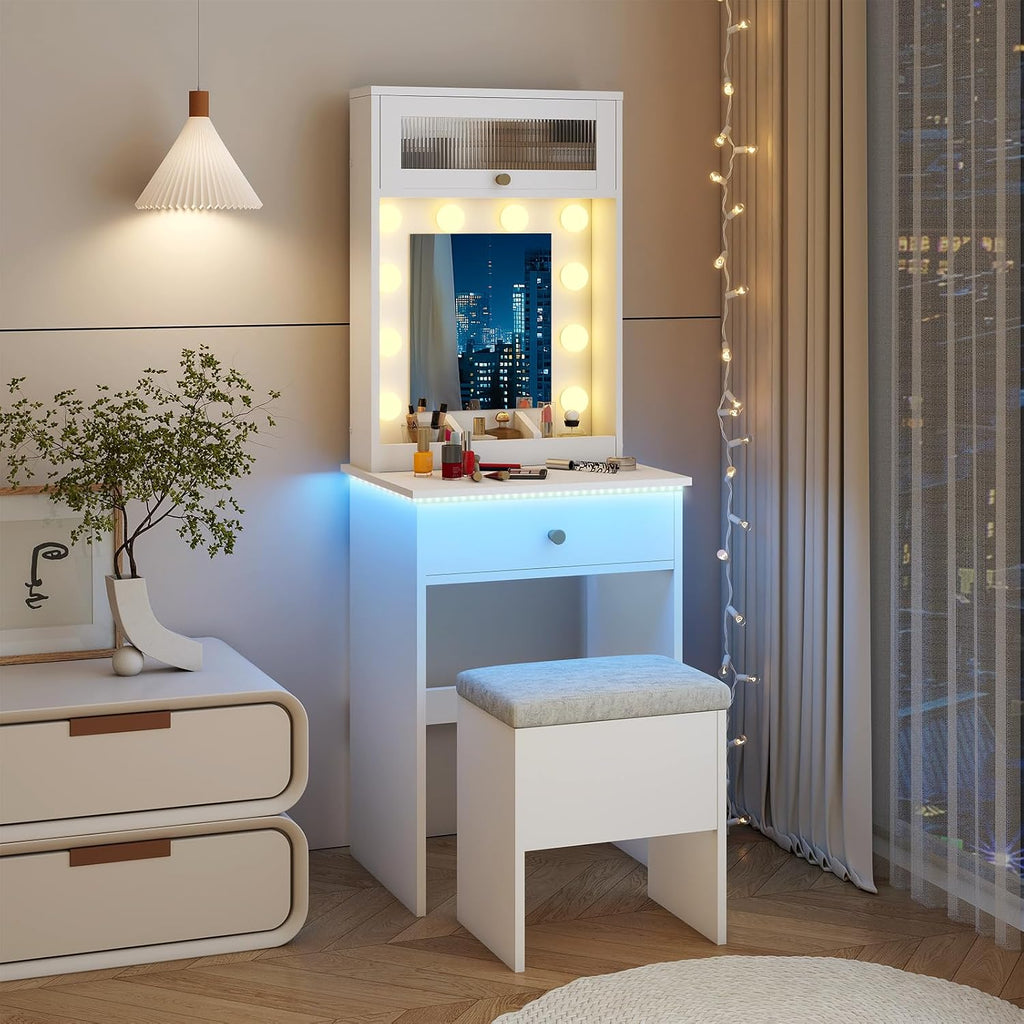 ARTETHYS Small Vanity Desk with Mirror and Lights White Small Makeup Vanity with Storage Chair Mini Makeup Table Set for Bedroom Compact Dressing Table with RGB Lights for Tiny Space