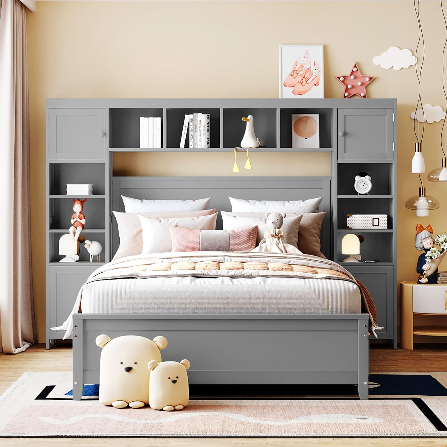 Harper & Bright Designs Full Size Platform Bed with Bookcase Headboard and 4 Storage Drawers, Solid Wood Bed Frame with Cabinet and Bookshelf, No Box Spring Needed - Gray