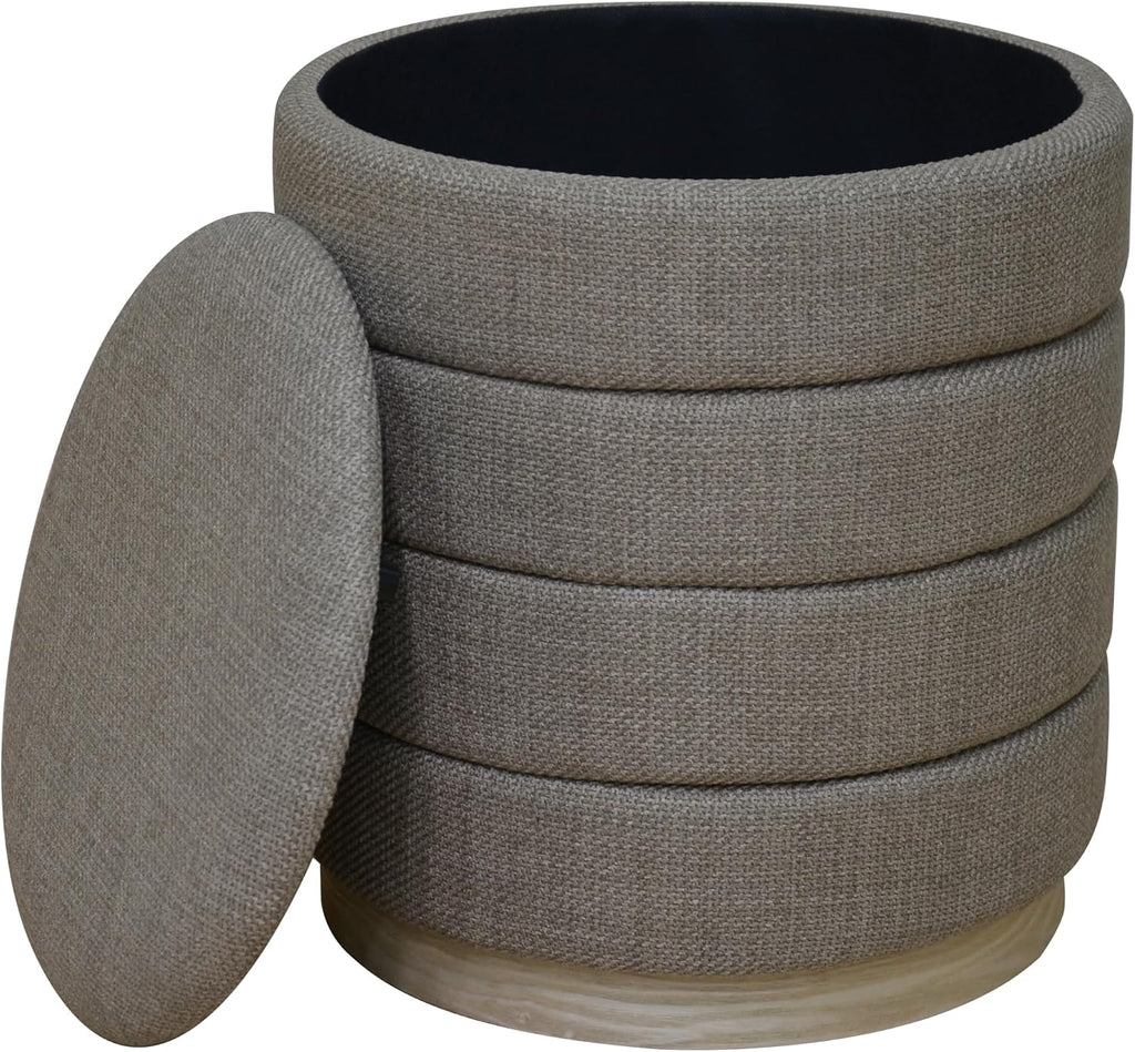Ottoman Collection Stylish Linen Cylinder Storage Tan Round Footrest Vanity Stool Furniture Living Room Small Bench 16' L X16 W X 17' H